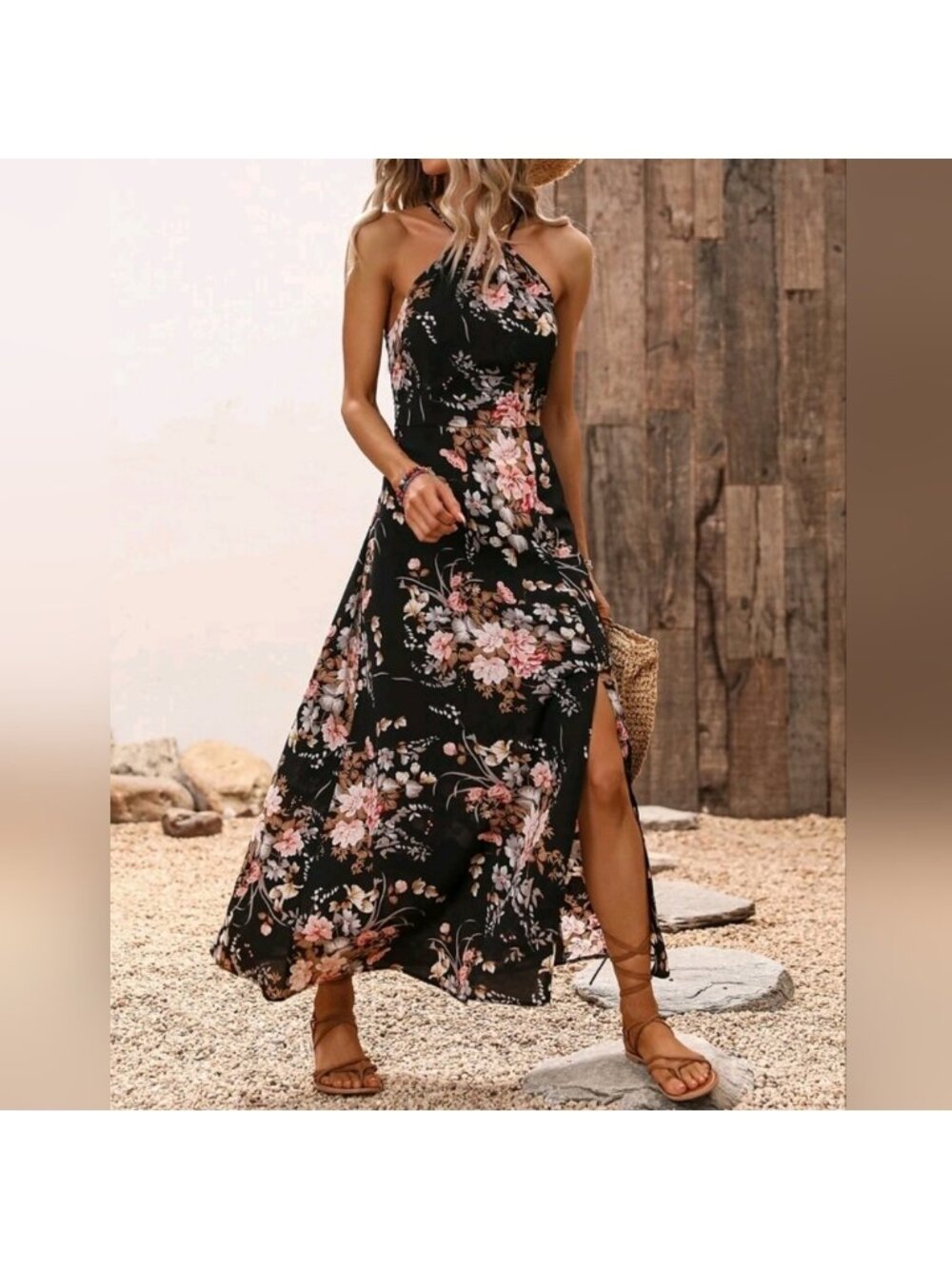 New Boho Floral Tie Halter Long Split Dress Black Pink - Picture 5 of 8